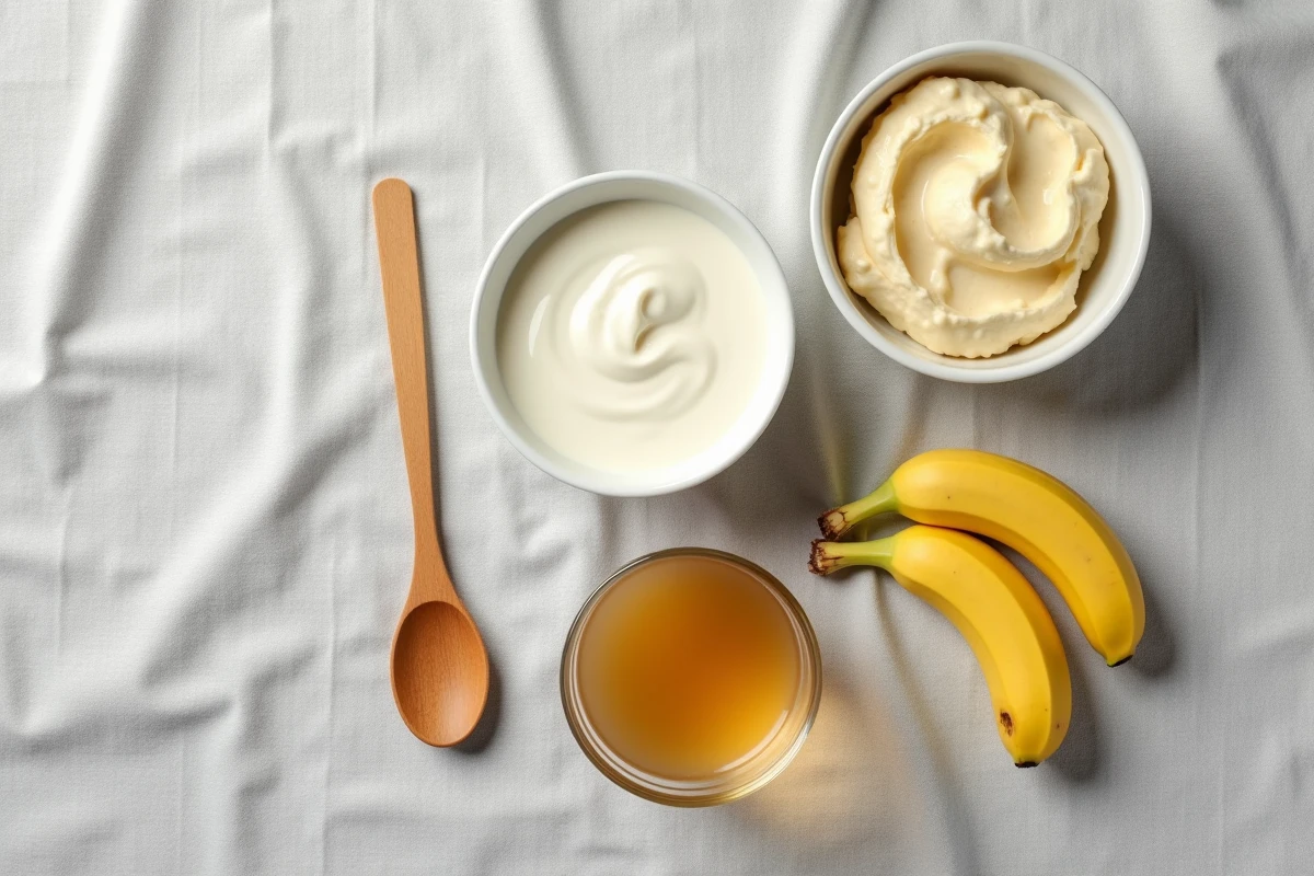 Vue aérienne d'aliments mous adaptés après extraction dentaire : yaourt, banane écrasée et bouillon tiède sur nappe en lin