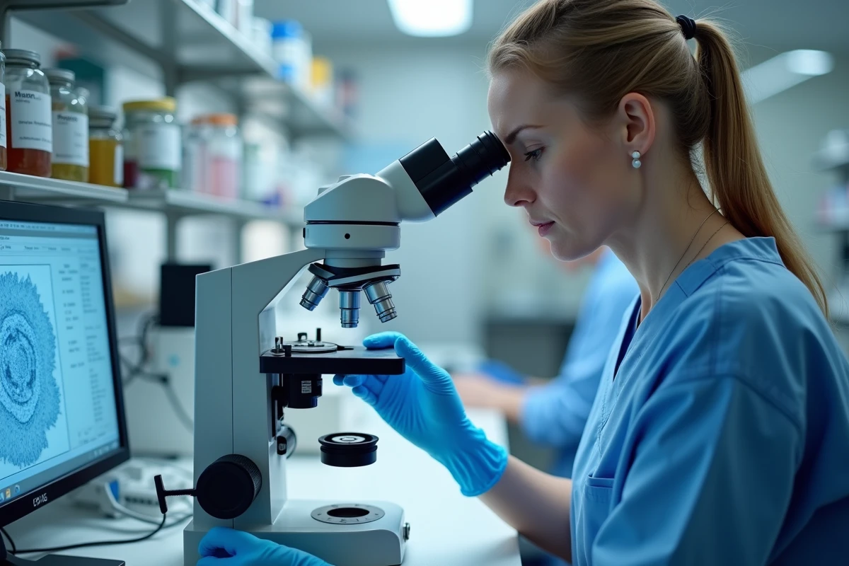 Anatomopathologiste analysant une biopsie cervicale au microscope pour détecter une lésion malpighienne de haut grade