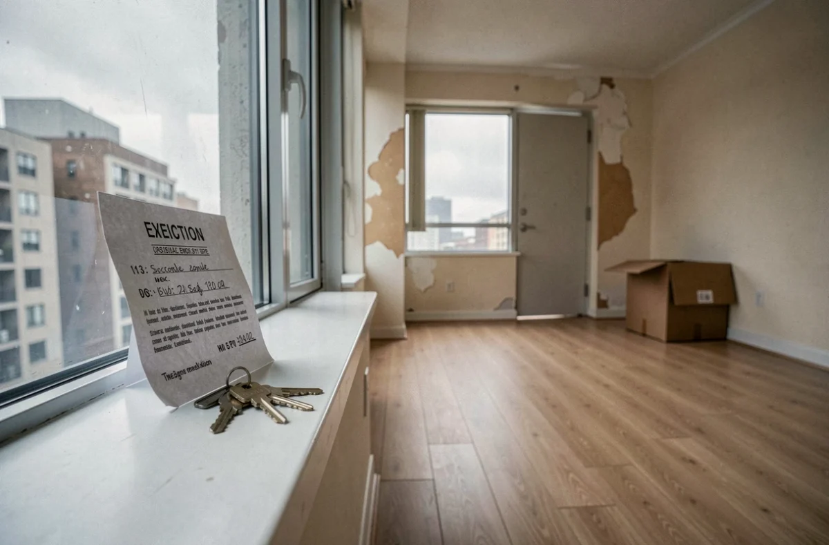 Appartement vide avec un avis d'expulsion sur le rebord de la fenêtre illustrant le risque de loyer impayé