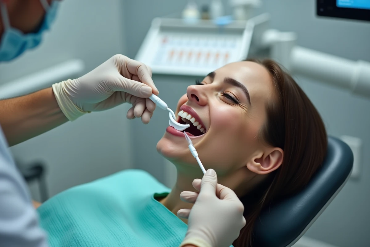 Dentiste appliquant un gel de blanchiment professionnel sur les dents d'un patient en cabinet dentaire