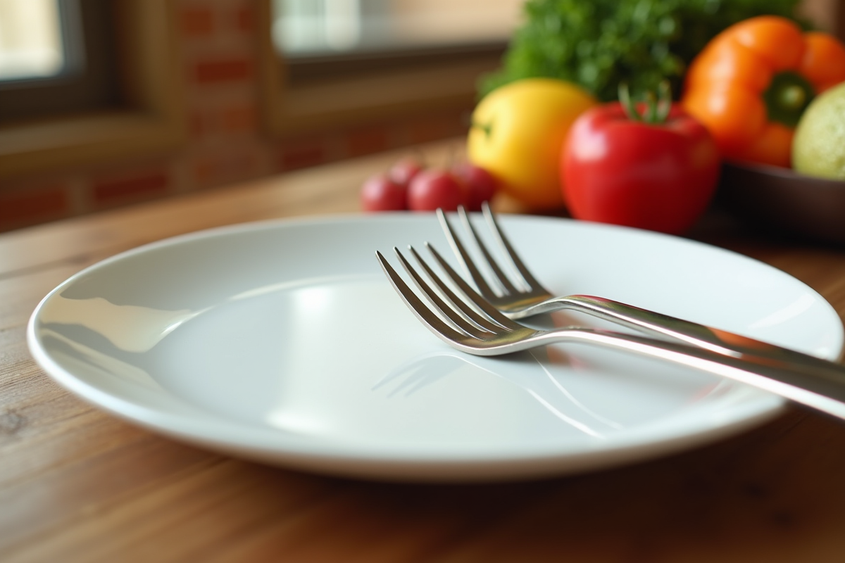 Assiette vide avec couverts entourée de fruits et légumes sains