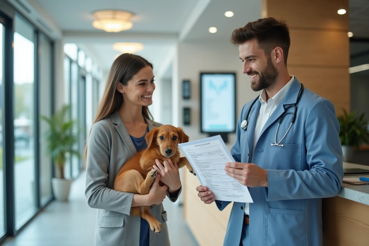 Assistante vétérinaire explique devis au client avec chien