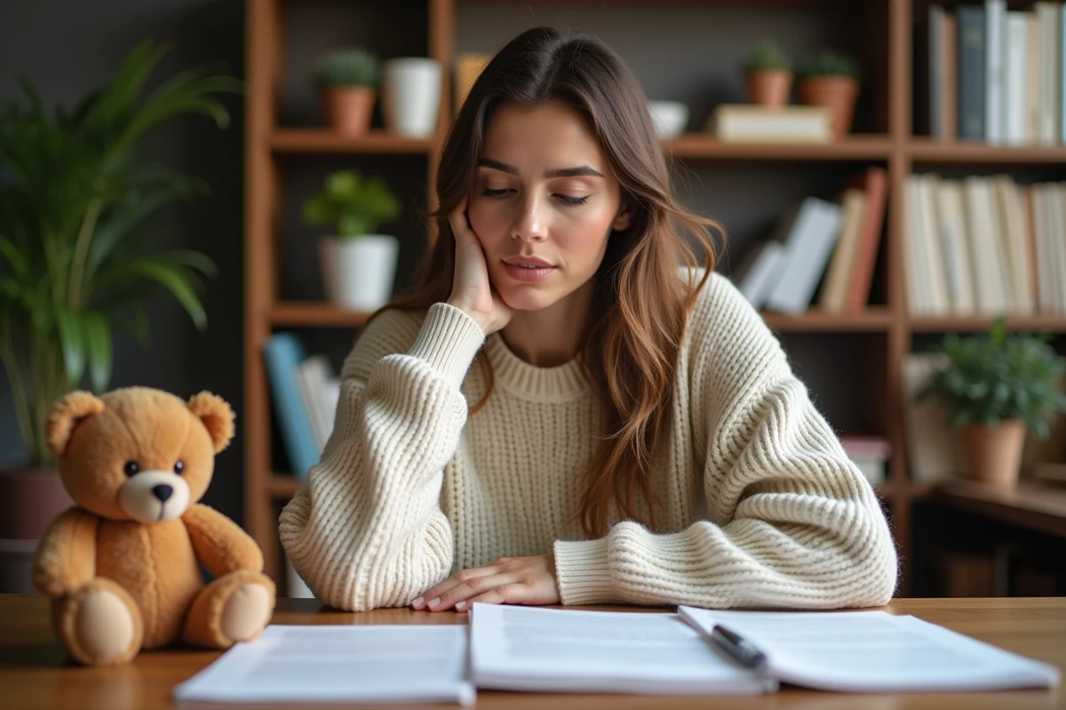Femme analysant des avis positifs et négatifs sur Bears with benefits posés sur un bureau en bois avec un ours en peluche