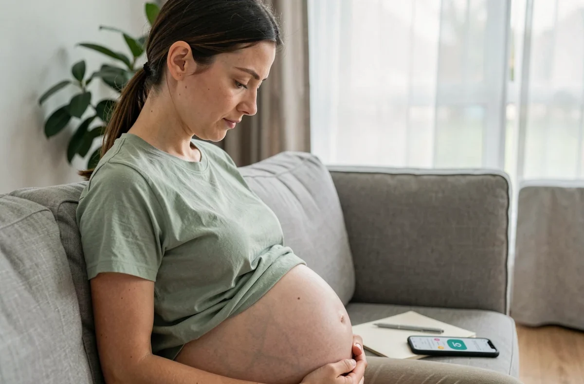 Femme enceinte de jumeaux à 6 semaines examinant son ventre entre ballonnements et prise de volume réelle