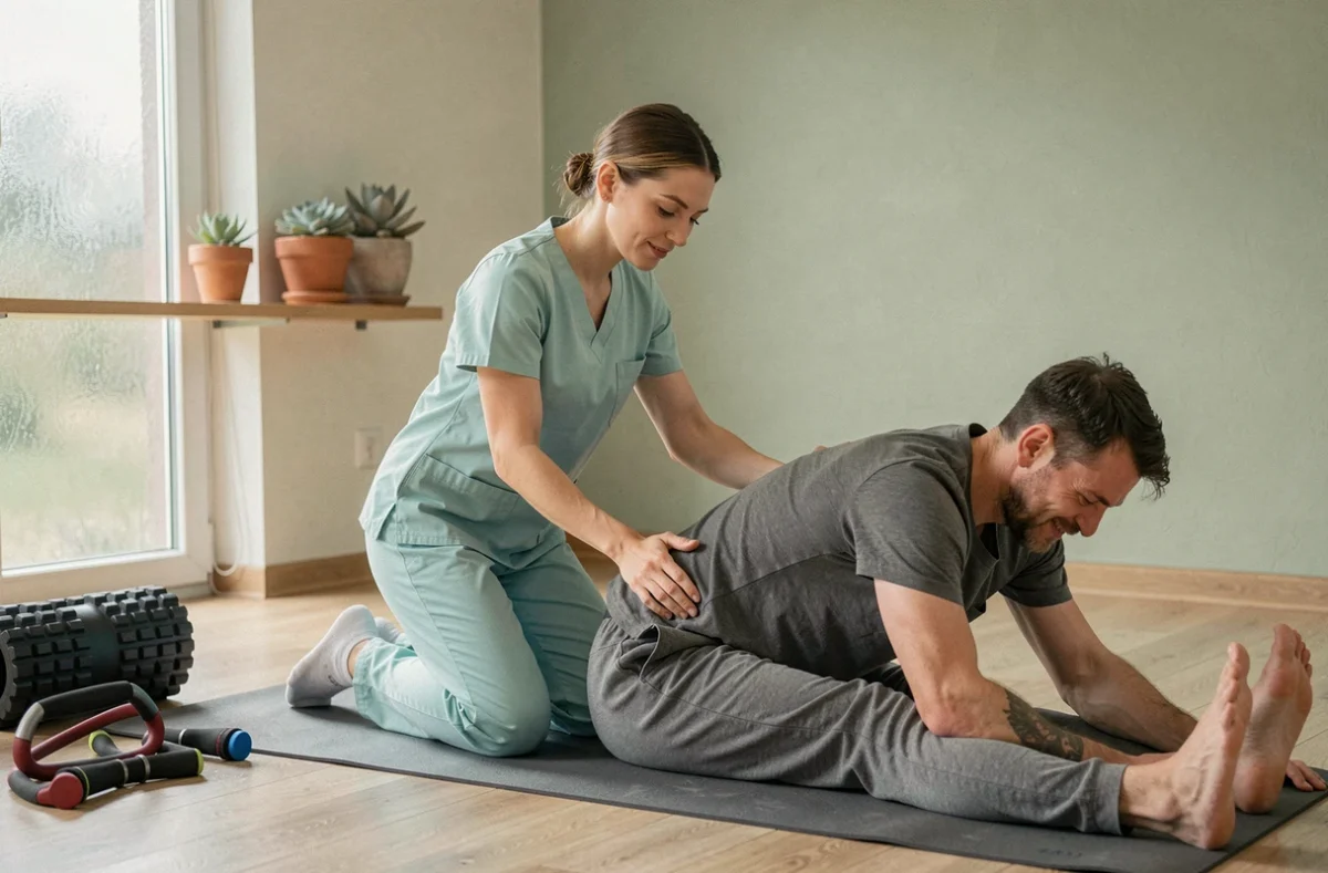 Kinésithérapeute accompagnant un patient dans un exercice de rééducation bien-être dans un studio lumineux à Clermont-Ferrand
