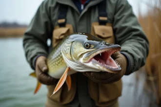 Pêcheur tenant un grand brochet aux mâchoires ouvertes montrant ses dents acérées, illustration des risques de morsure