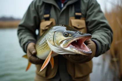 Pêcheur tenant un grand brochet aux mâchoires ouvertes montrant ses dents acérées, illustration des risques de morsure