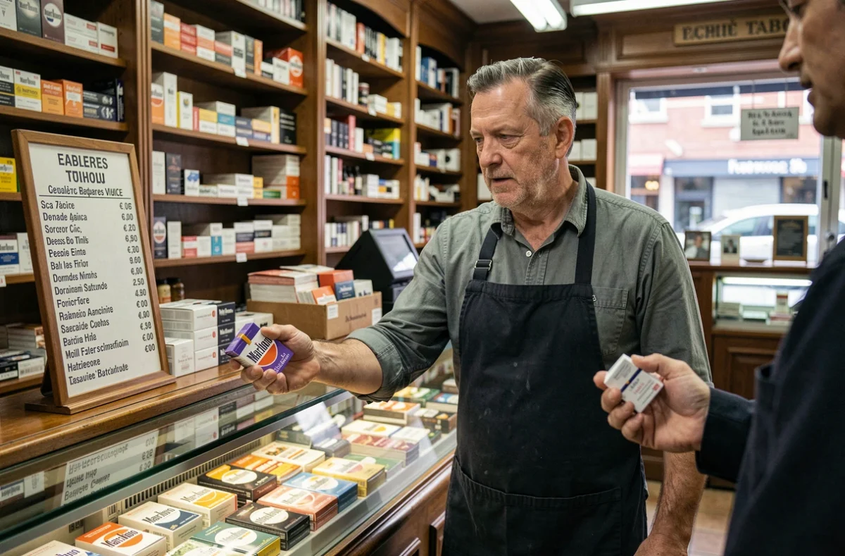 Buraliste français remettant un paquet de Marlboro Light à un client dans un tabac traditionnel avec affichage des prix
