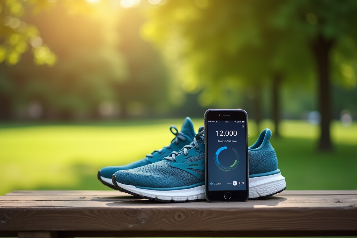 Chaussures de course et smartphone avec pas enregistrés dans un parc