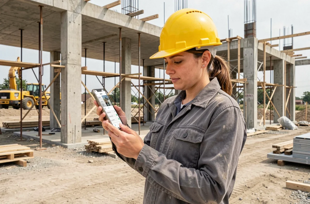Femme cheffe de chantier consultant un comparateur d'assurance décennale sur smartphone sur un site de construction