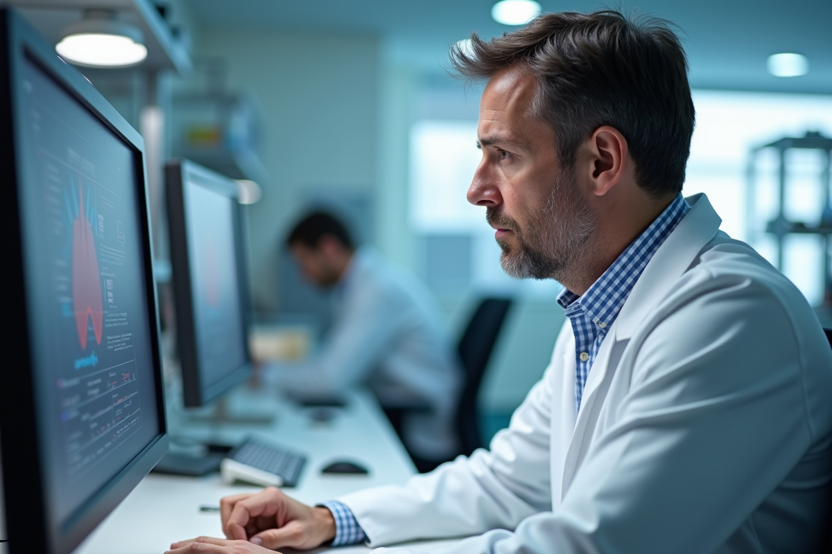 Chercheur en laboratoire étudiant un diagramme sur un écran