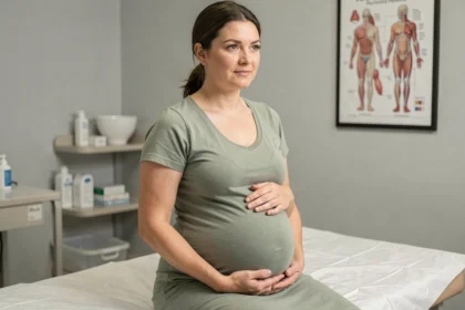 Femme enceinte en fin de grossesse examinée par une sage-femme pour vérifier la dilatation du col de l'utérus