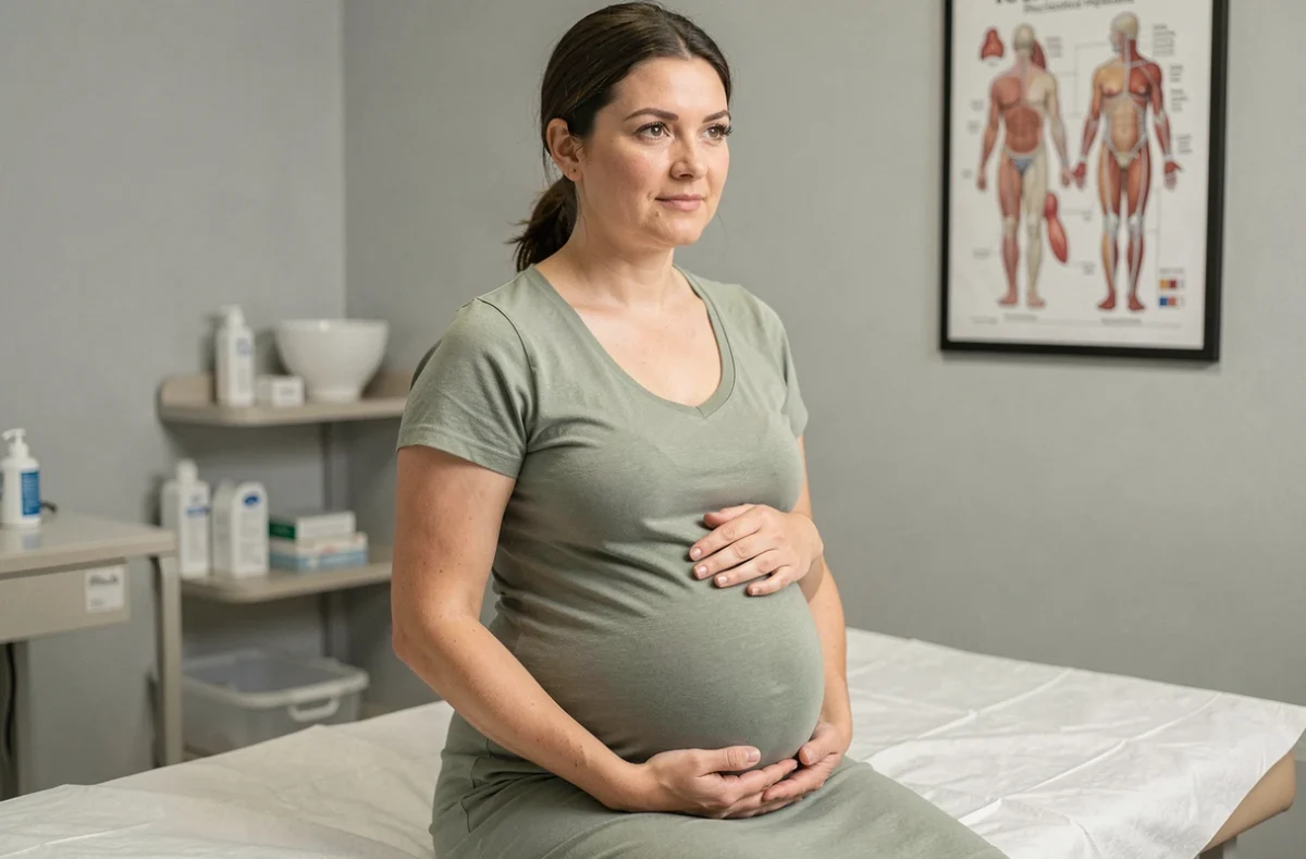 Femme enceinte en fin de grossesse examinée par une sage-femme pour vérifier la dilatation du col de l'utérus