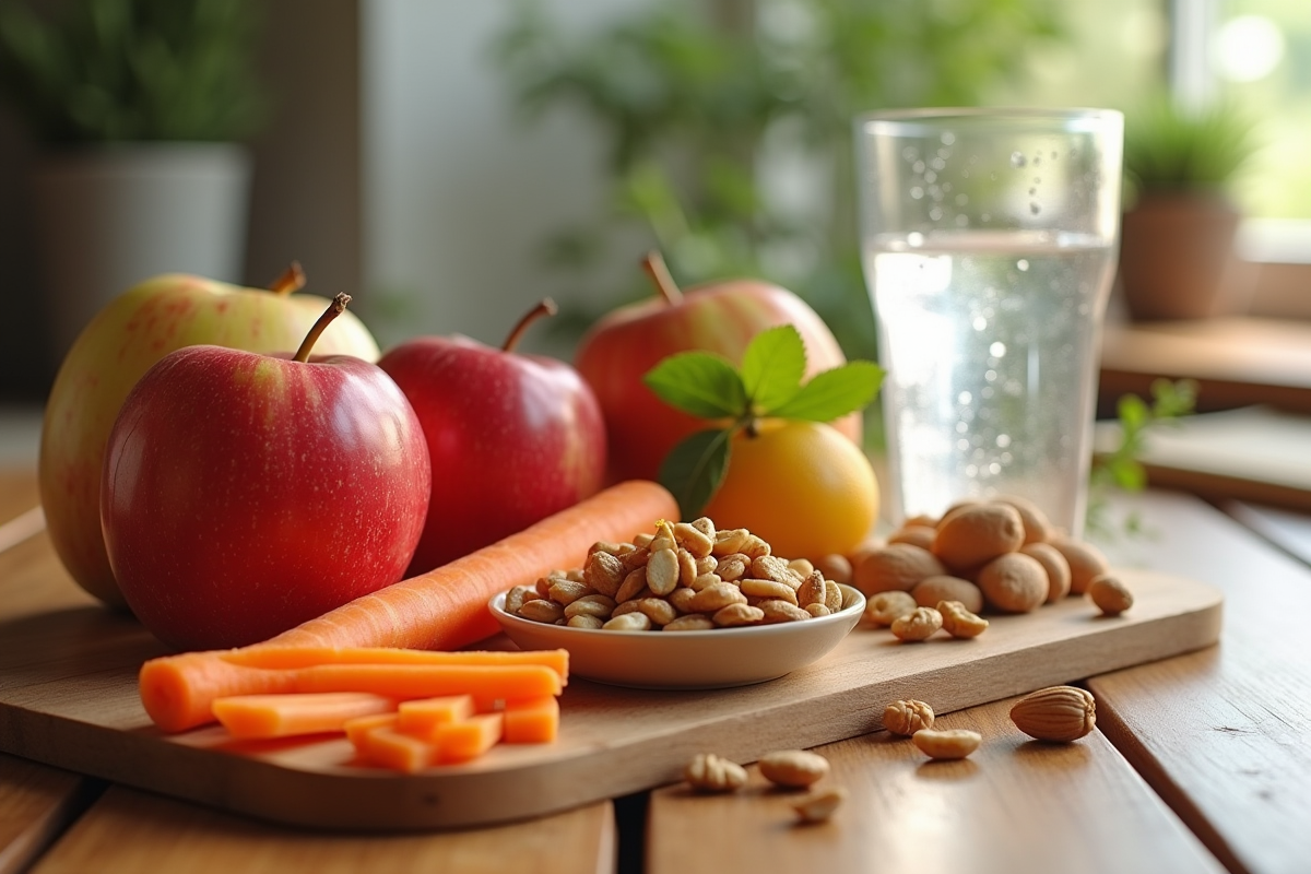 Sélection de snacks sains avec fruits noix et légumes sur une table en bois