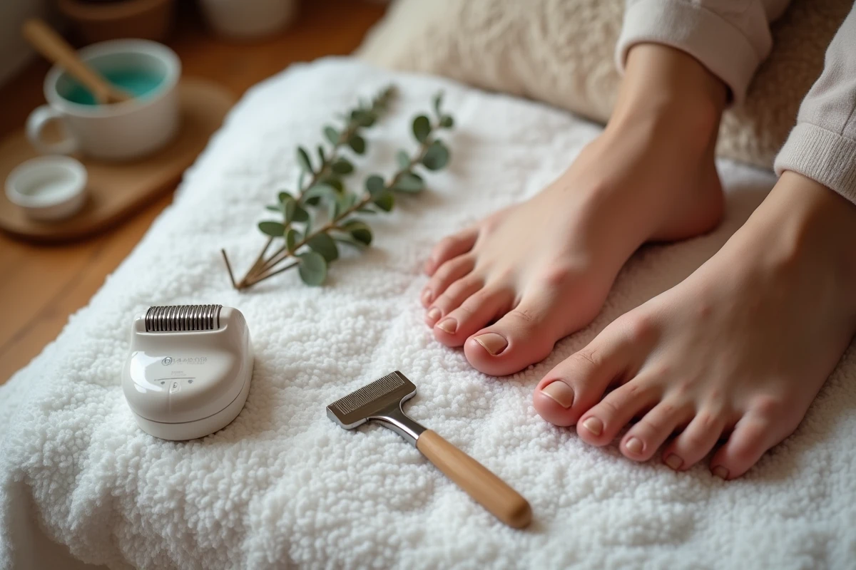 Comparaison d'outils anti-corne pour les pieds : râpe métallique, crème à l'urée et ponceuse électrique sur serviette blanche
