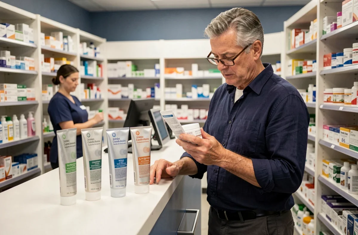Homme comparant différentes formules de pommade articulaire dans une pharmacie