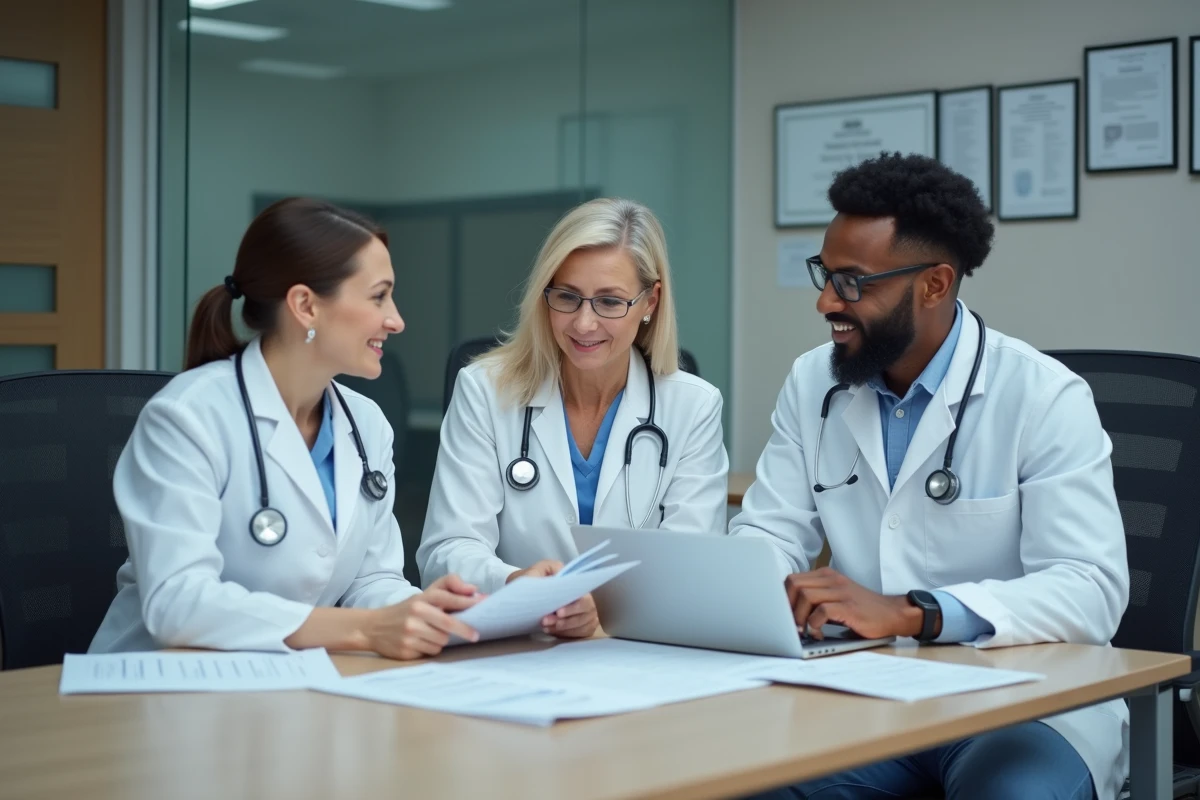 Groupe de médecins spécialistes en réunion autour de graphiques comparatifs, représentant la comparaison des salaires entre spécialités médicales