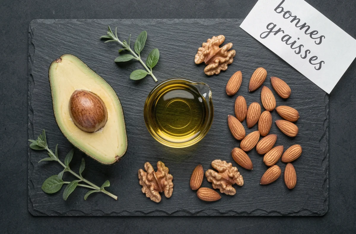 Composition éditoriale à plat d'un avocat coupé, d'huile d'avocat, d'amandes et de noix sur une ardoise noire, illustrant les bonnes graisses en nutrition
