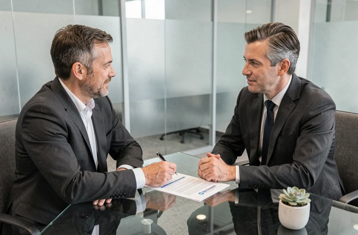 Conseiller en assurance expliquant une police de responsabilité civile à un client en agence