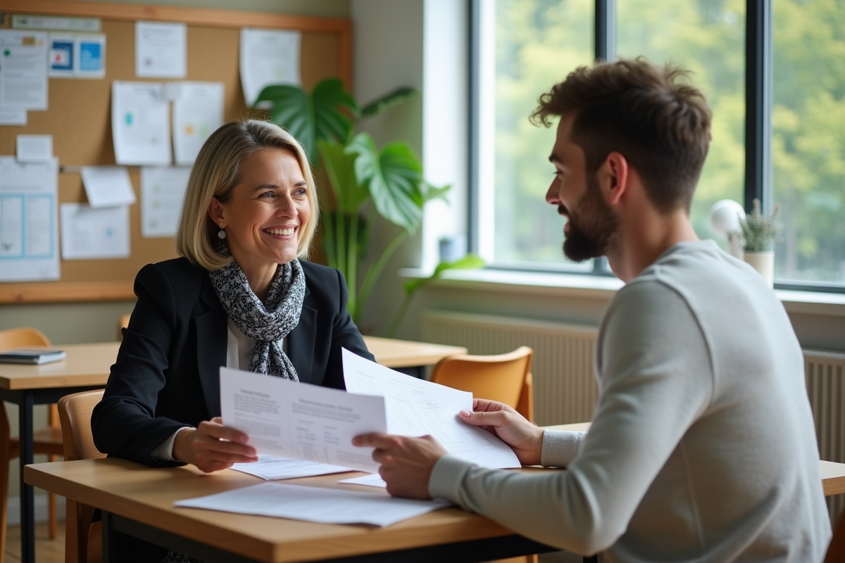 Consultante en sante discutant avec un employe au bureau