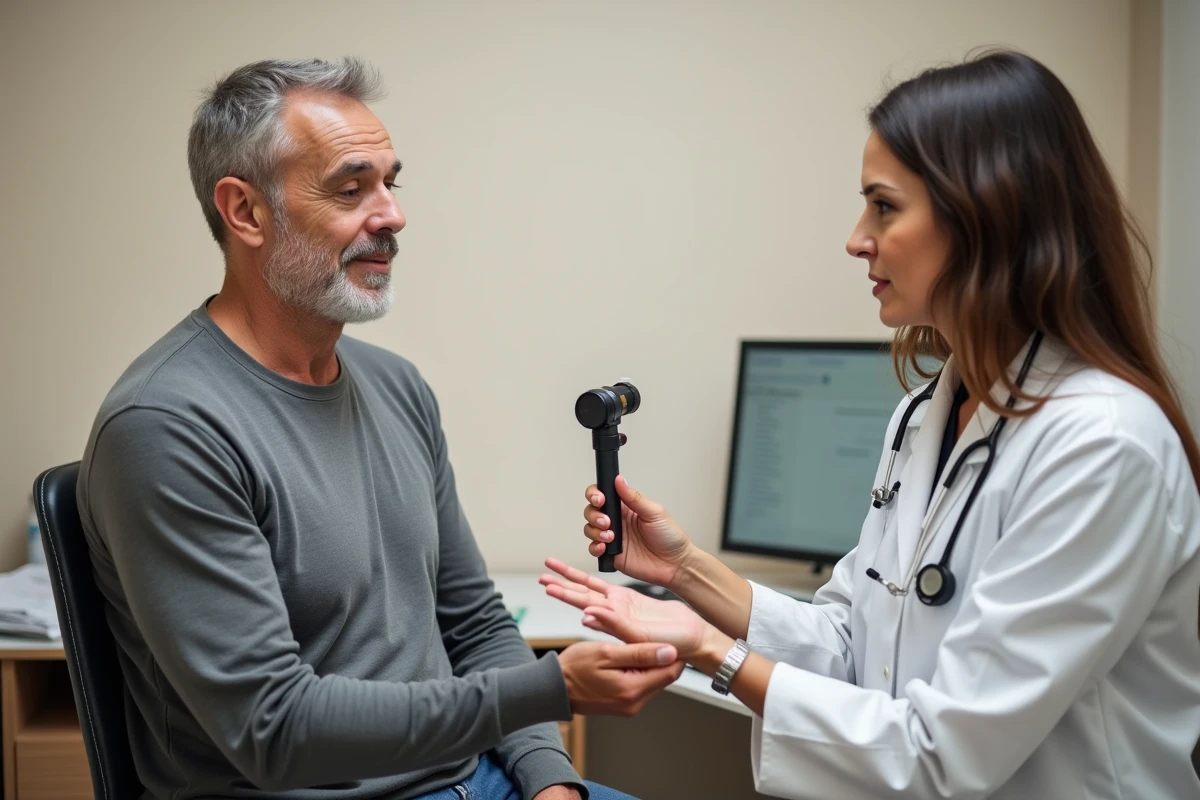 Médecin dermatologue examinant l'ongle d'un patient avec un dermatoscope lors d'une consultation médicale