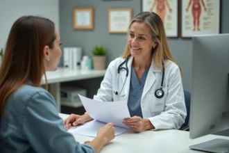 Gynécologue expliquant un diagnostic de lésion malpighienne intra-épithéliale de haut grade à sa patiente lors d'une consultation médicale