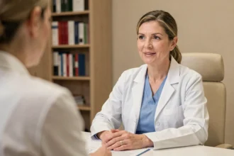 Gynécologue en consultation rassurante avec une patiente dans un cabinet médical moderne et épuré