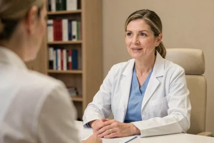Gynécologue en consultation rassurante avec une patiente dans un cabinet médical moderne et épuré