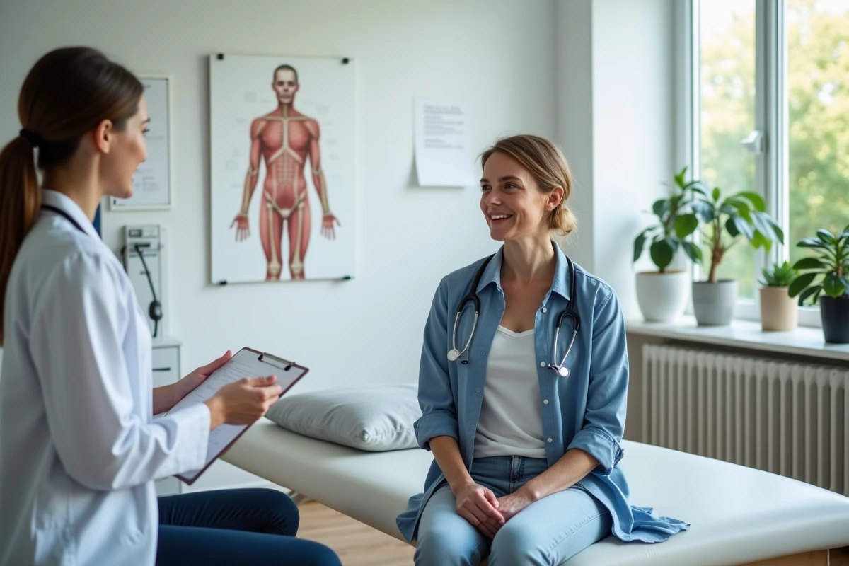 Patiente en consultation avec une physiothérapeute dans une clinique moderne, illustrant le parcours de soins pour la névralgie pudendale