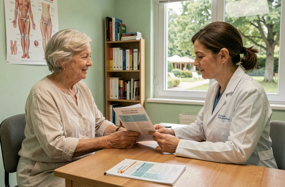 Patiente âgée consultant une médecin thermale pour établir un programme de cure rhumatologique contre l'arthrose avancée