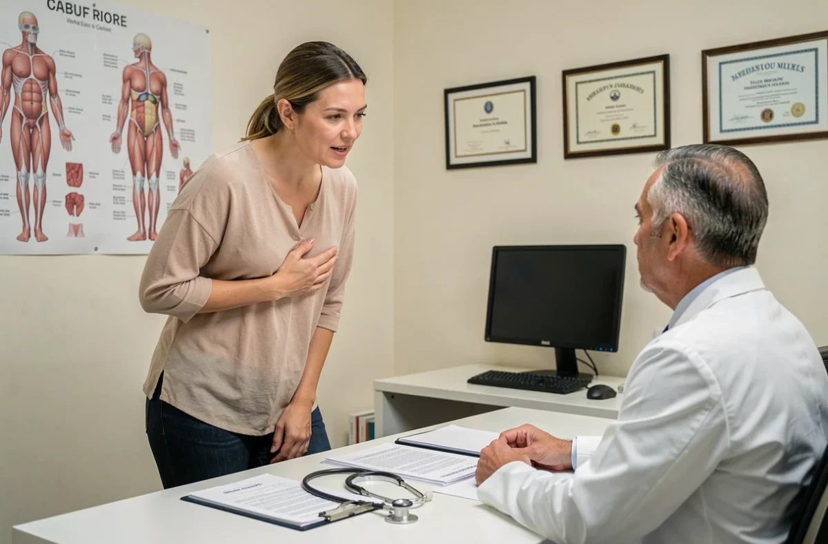 Femme décrivant ses symptômes de douleur intercostale à un médecin lors d'une consultation