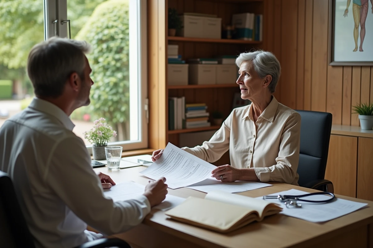 Patiente âgée en consultation médicale avec un neurologue dans un centre de cure thermale spécialisé en neurologie en France