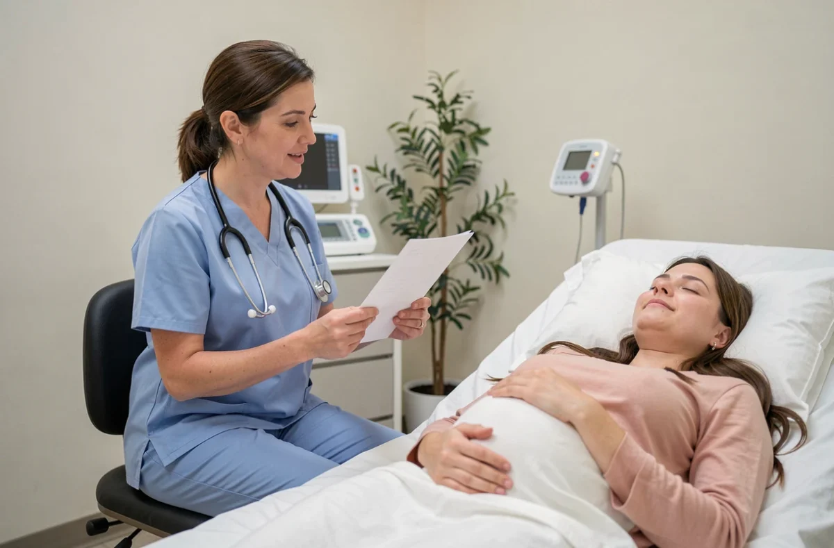 Sage-femme discutant avec une patiente enceinte des signes du début du travail lors d'une consultation prénatale