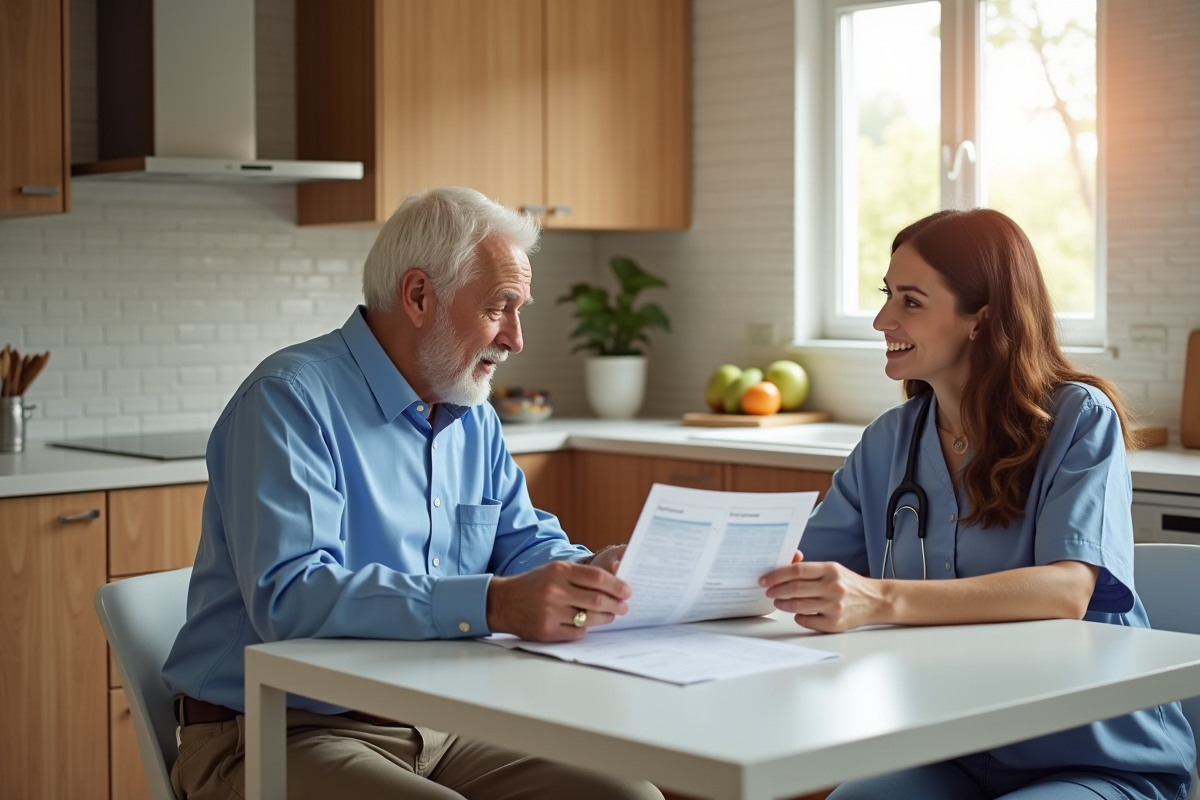 Homme senior et dietetienne discutant dans une cuisine chaleureuse