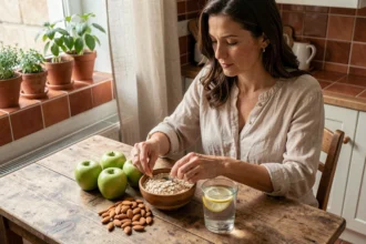 Femme choisissant des coupe-faim naturels comme les amandes, pommes et avoine sur une table en bois rustique