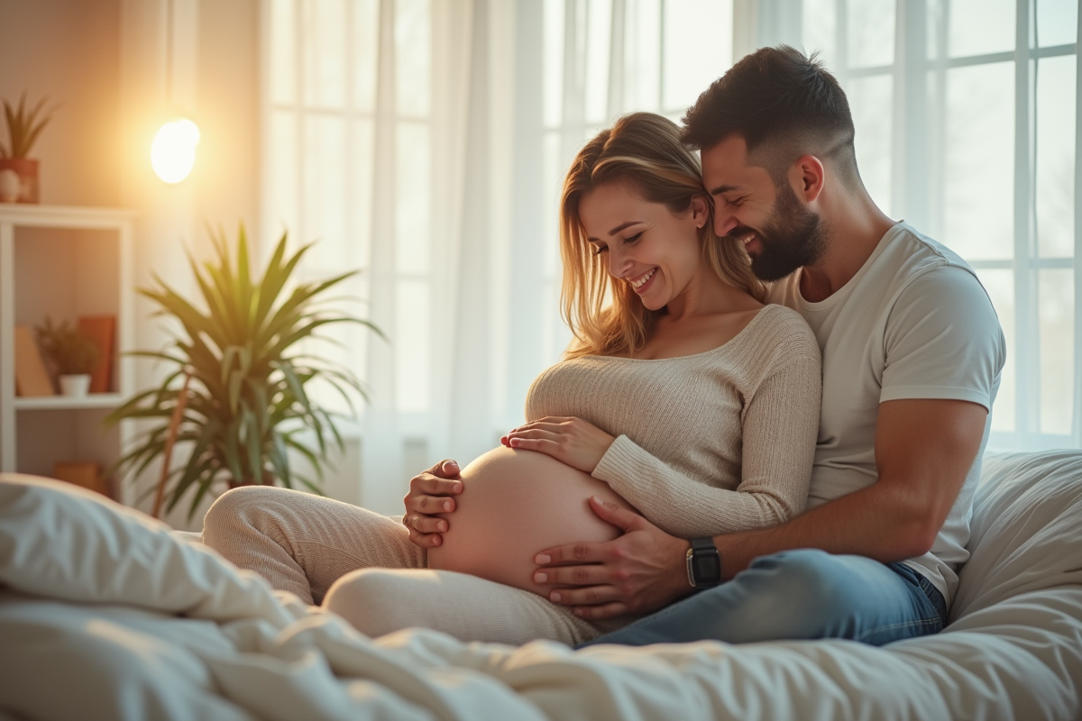 Couple heureux près du ventre de la femme enceinte