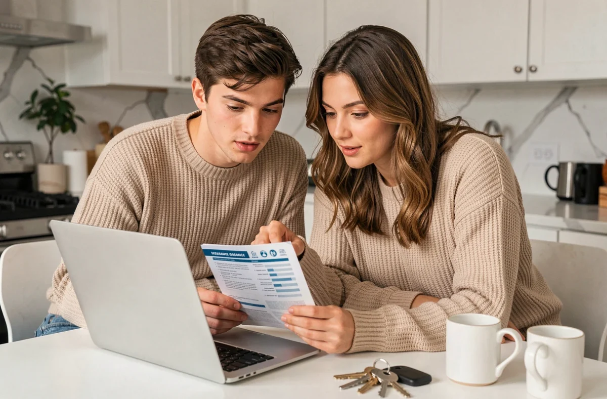 Jeune couple consultant une offre d'assurance responsabilité civile sur ordinateur dans leur cuisine