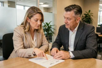 Couple examinant un contrat d'assurance emprunteur BPCE dans une agence bancaire moderne