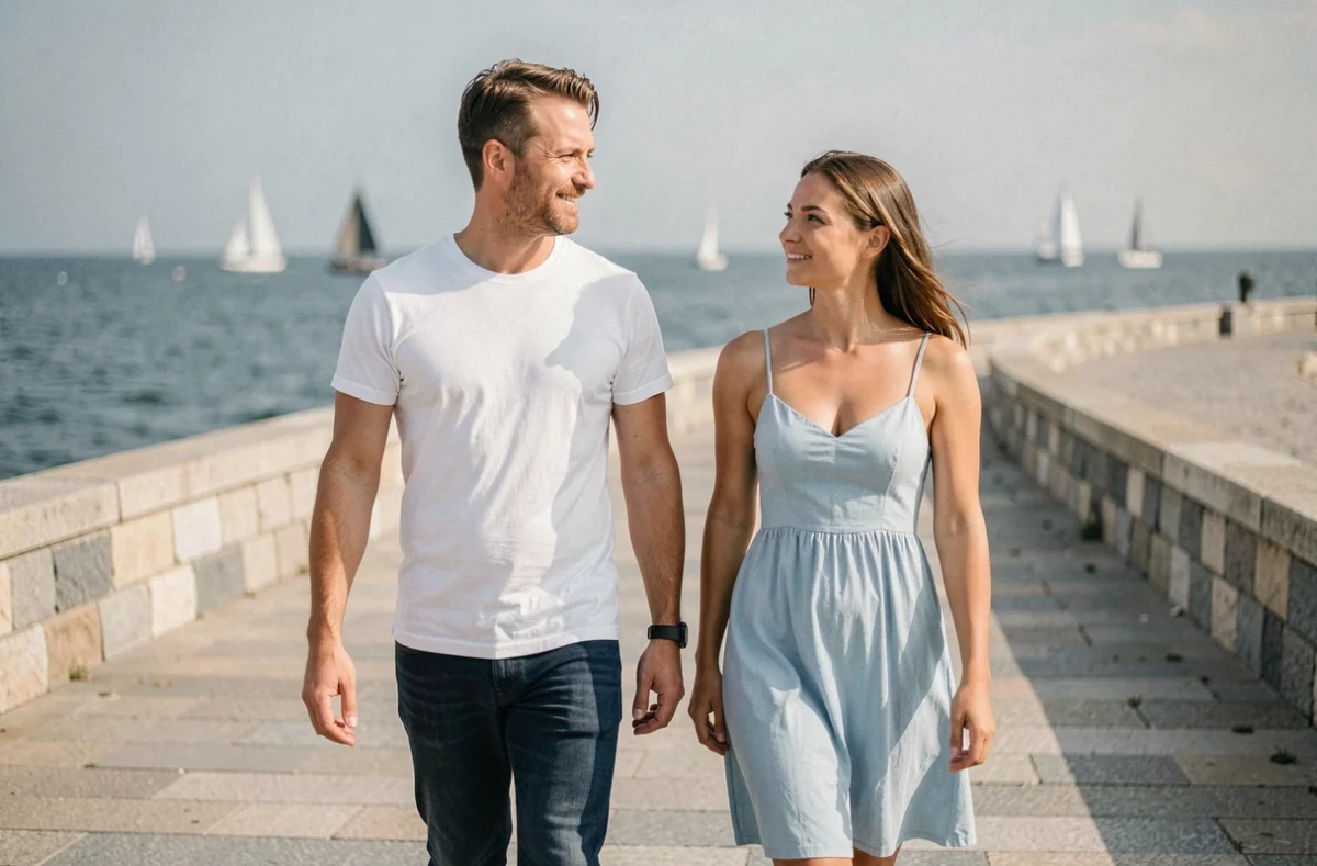 Couple marchant à vitesse normale sur une promenade en bord de mer, illustrant une allure de marche quotidienne