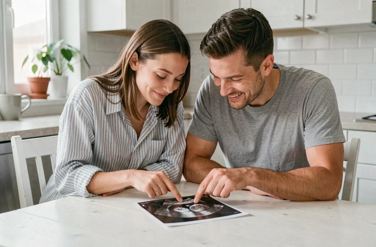 Couple de futurs parents regardant une échographie de 5 semaines d'aménorrhée ensemble à la table de cuisine