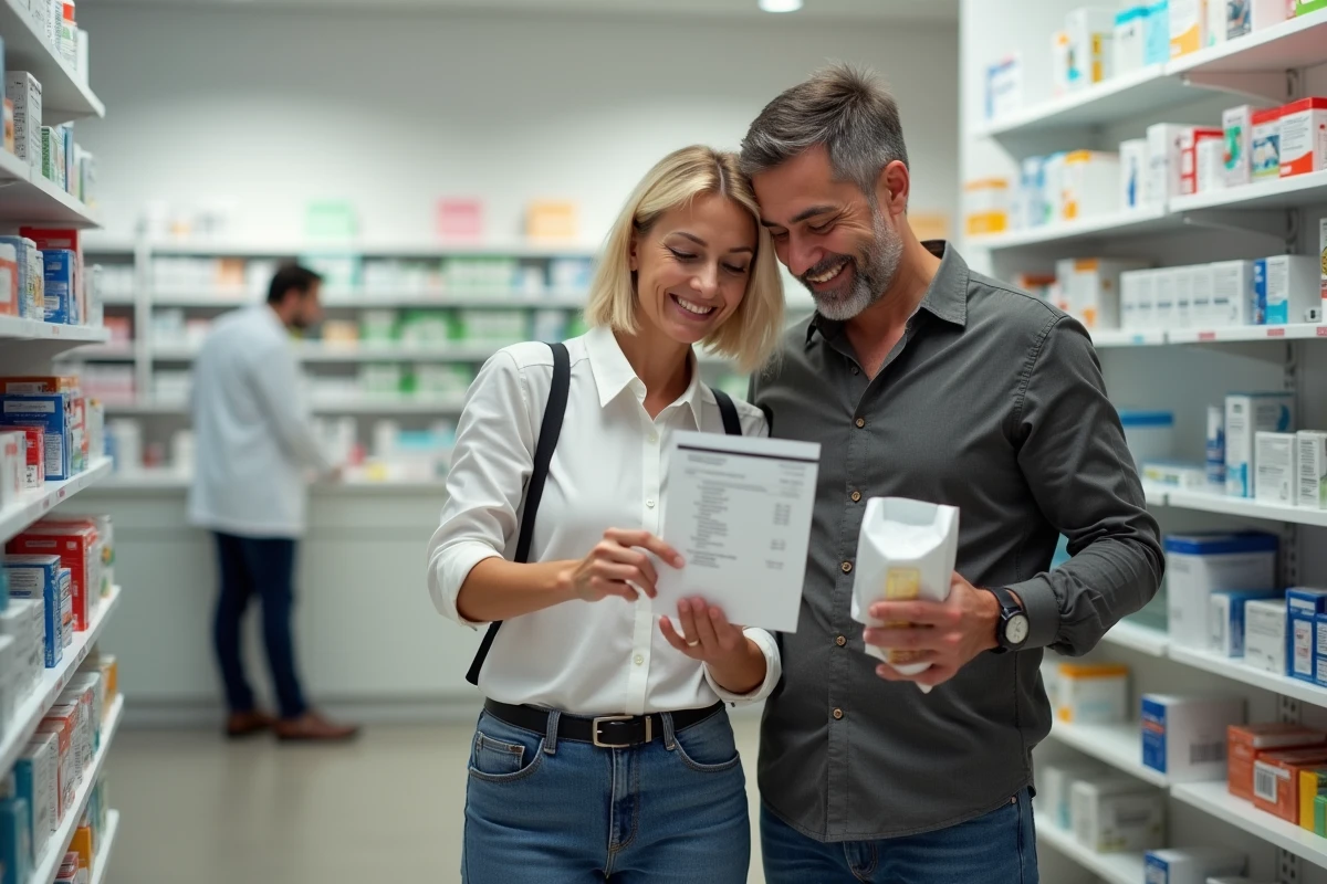 Couple en pharmacie vérifiant les remboursements de santé et le reste à charge de leur mutuelle Groupama