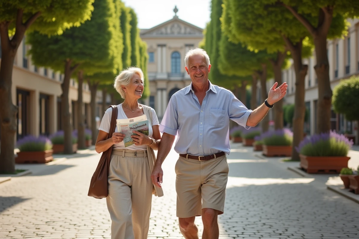 Couple de seniors se promenant devant un établissement thermal néoclassique dans une ville thermale du Sud de la France, destination cure rhumatologie