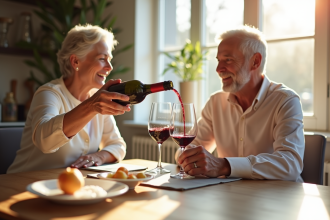 Couple senior souriant dégustant du vin à table