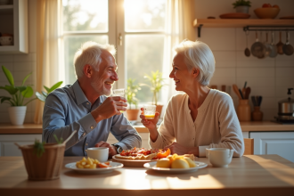 Couple senior souriant prenant vitamine B12 au petit déjeuner