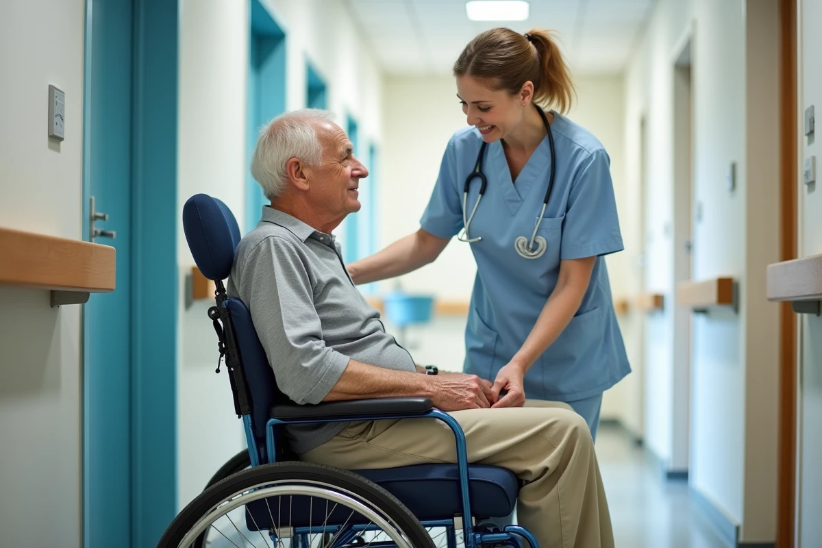 Patient en fauteuil roulant avec coussin anti-escarre accompagné d'un kinésithérapeute en centre de rééducation