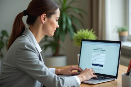 Femme créant un compte Mailiz sur son ordinateur portable dans un bureau à domicile moderne