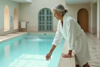 Patiente en cure thermale neurologique se préparant à entrer dans un bassin d'eau minérale dans un établissement thermal français