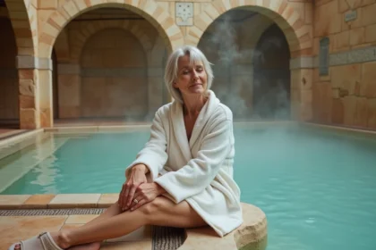 Femme en robe de bain blanche profitant d'une cure thermale rhumatologie dans un bain d'eau minérale chaude, spa thermal traditionnel aux murs en pierre