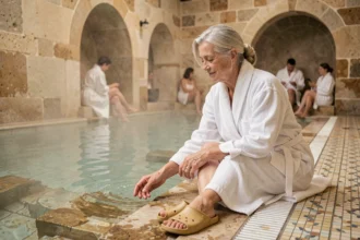 Femme âgée en robe de bain plongeant les mains dans une piscine thermale pour soulager l'arthrose lors d'une cure rhumatologique
