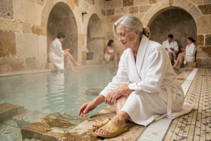 Femme âgée en robe de bain plongeant les mains dans une piscine thermale pour soulager l'arthrose lors d'une cure rhumatologique